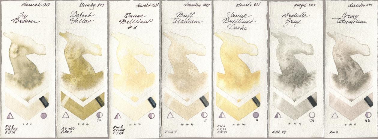 Shminke Akademie Aquarell 917 Icy Brown, Shminke Horadam Aquarell 921 Desert Yellow, Holbein Artists Watercolor 031 Jaune Brilliant No 1, Daniel Smith 009 Buff Titanium, 221 Brilliant Yellow Dark (Jaune Brilliant Dark), Golden QOR 525 Ardoise Gray, 241 Gray Titani watercolor swatch