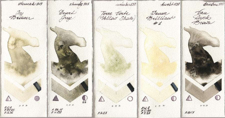 Shminke Akademie Aquarell 917 Icy Brown vs Shminke Horadam Aquarell 925 Desert Grey vs Winsor & Newton Professional 638 Terre Verte (Yellow Shade) vs Holbein Artists Watercolor 031 Jaune Brilliant No 1 vs Daniel Smith 110 Van Dyck Brown watercolor swatch