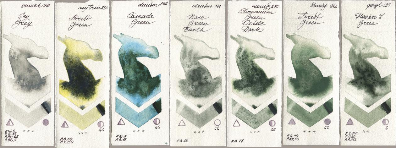 Shminke Akademie Aquarell 918 Icy Grey, Mijello Mission Gold 830 Forest Green, Daniel Smith 142 Cascade Green, 181 Rare Green Earth, Roman Szmal Aquarius 270 Chromium Green Oxide Dark, Shminke Horadam Aquarell 942 Forest Green, Golden QOR 395 Hookers Gre watercolor swatch