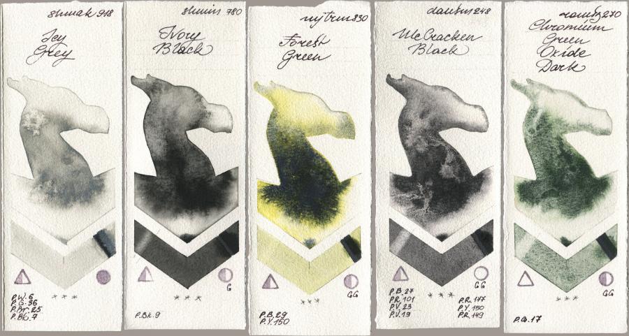 Shminke Akademie Aquarell 918 Icy Grey, Shminke Horadam Aquarell 780 Ivory Black, Mijello Mission Gold 830 Forest Green, Daniel Smith 248 McCracken Black, Roman Szmal Aquarius 270 Chromium Green Oxide Da watercolor swatch