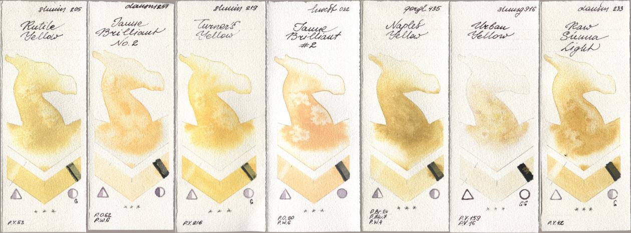 Shminke Horadam Aquarell 205 Rutile Yellow, Daniel Smith 257 Jaune Brilliant No 2, 219 Turner‘s Yellow, Holbein Artists Watercolor 032 Jaune Brillant No 2, Golden QOR 435 Naples Yellow, 916 Urban Yellow, 233 Raw Sienna Lig watercolor swatch