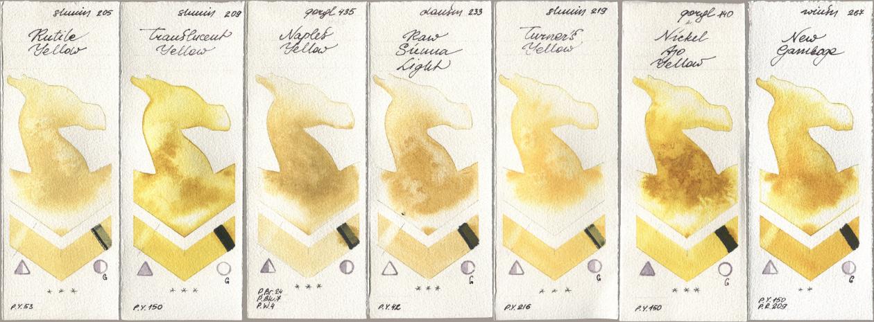 Shminke Horadam Aquarell 205 Rutile Yellow, 209 Translucent Yellow, Golden QOR 435 Naples Yellow, Daniel Smith 233 Raw Sienna Light, 219 Turner‘s Yellow, 140 Nickel Azo Yellow, Winsor & Newton Professional 267 New Gambo watercolor swatch