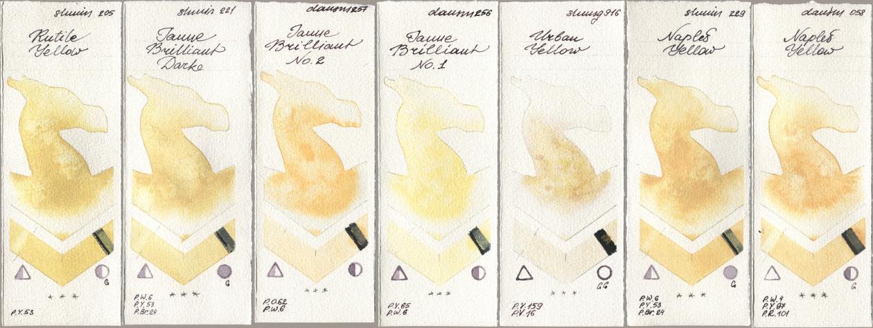 Shminke Horadam Aquarell 205 Rutile Yellow, 221 Brilliant Yellow Dark (Jaune Brilliant Dark), Daniel Smith 257 Jaune Brilliant No 2, 256 Jaune Brilliant No 1, 916 Urban Yellow, 229 Naples Yellow, 058 Naples Yell watercolor swatch