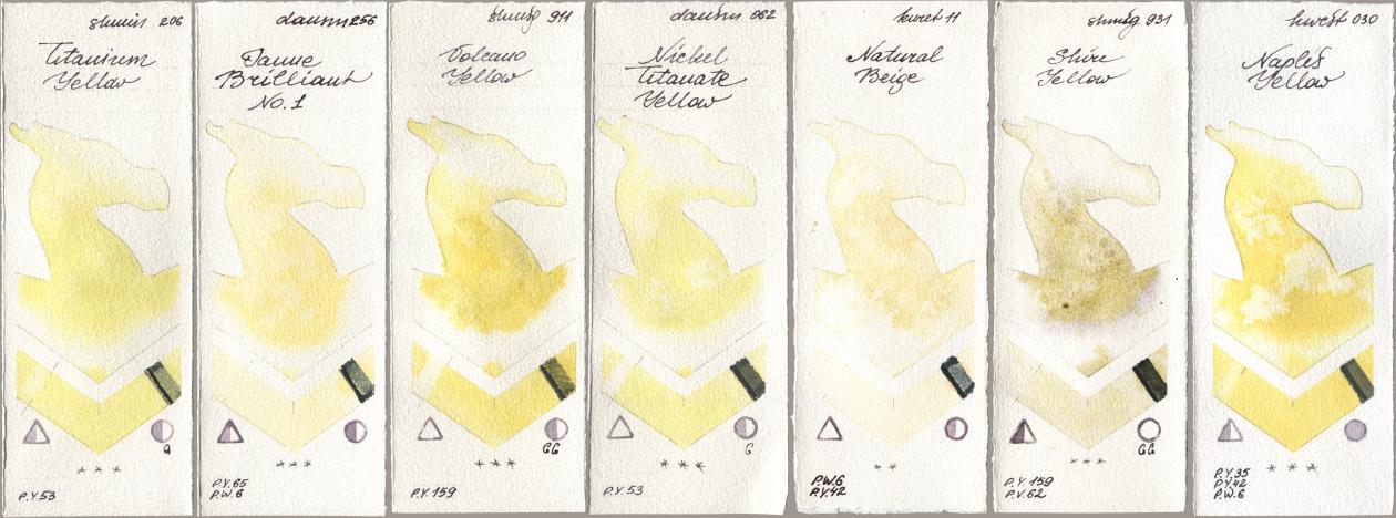 Shminke Horadam Aquarell 206 Titanium Yellow, Daniel Smith 256 Jaune Brilliant No 1, 911 Volcano Yellow, 062 Nickel Titanate Yellow, Kuretake Gansai Tambi 011 Natural Beige, 931 Shire Yellow, Holbein Artists Watercolor 030 Naples Yell watercolor swatch