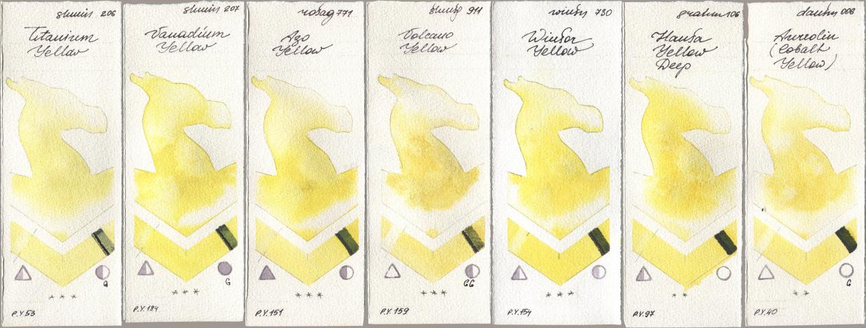 Shminke Horadam Aquarell 206 Titanium Yellow, 207 Vanadium Yellow, Rosa Gallery 771 Azo Yellow, 911 Volcano Yellow, Winsor & Newton Professional 730 Winsor Yellow, M. Graham & Co. Artists 106 Hansa Yellow Deep, Daniel Smith 006 Aureolin (Cobalt Yello watercolor swatch