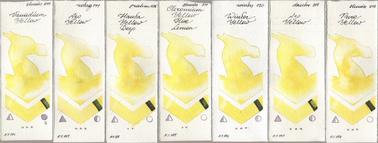 Shminke Horadam Aquarell 207 Vanadium Yellow, Rosa Gallery 771 Azo Yellow, M. Graham & Co. Artists 106 Hansa Yellow Deep, 211 Chromium Yellow Hue Lemon, Winsor & Newton Professional 730 Winsor Yellow, Daniel Smith 215 Azo Yellow, 216 Pure Yell watercolor swatch