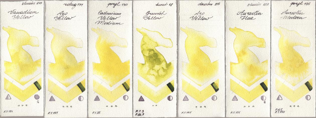 Shminke Horadam Aquarell 207 Vanadium Yellow, Rosa Gallery 771 Azo Yellow, Golden QOR 130 Cadmium Yellow Medium, Kuretake Gansai Tambi 048 Greenish Yellow, Daniel Smith 215 Azo Yellow, 208 Aureolin Hue, 135 Aureolin Mode watercolor swatch
