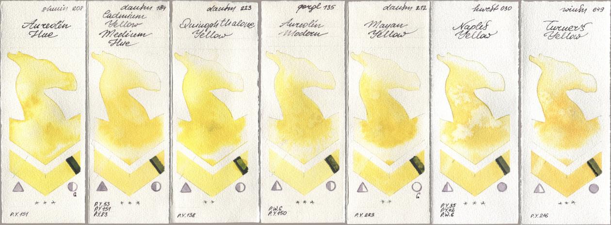 Shminke Horadam Aquarell 208 Aureolin Hue, Daniel Smith 184 Cadmium Yellow Medium Hue, 223 Quinophthalone Yellow, Golden QOR 135 Aureolin Modern, 212 Mayan Yellow, Holbein Artists Watercolor 030 Naples Yellow, Winsor & Newton Professional 649 Turners Yell watercolor swatch