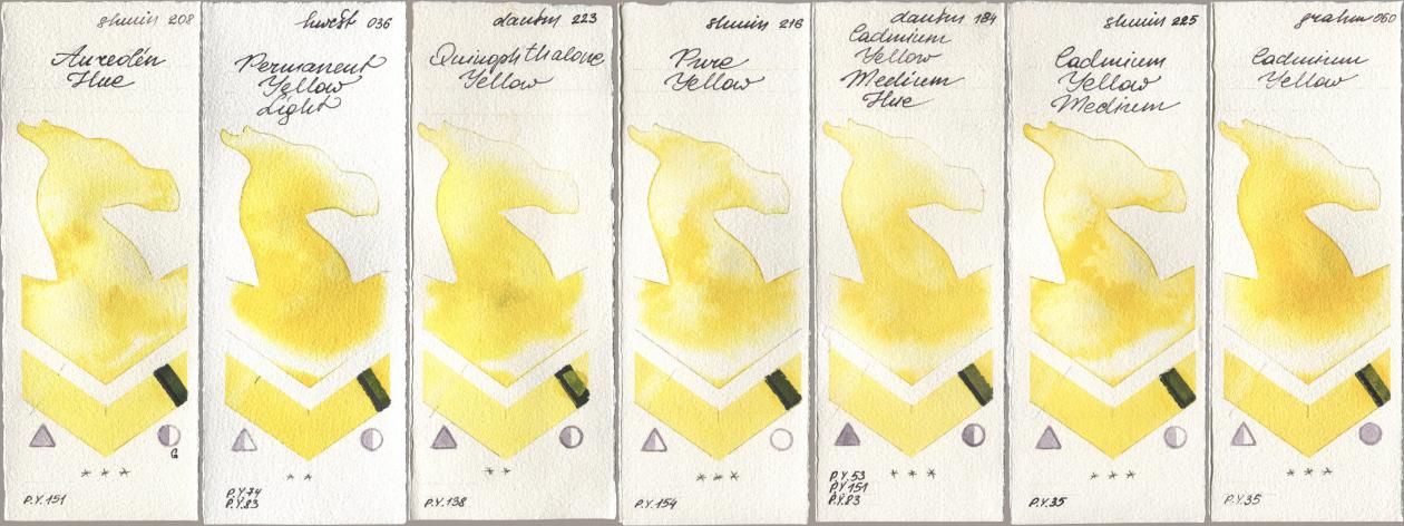 Shminke Horadam Aquarell 208 Aureolin Hue, Holbein Artists Watercolor 036 Permanent Yellow Light, Daniel Smith 223 Quinophthalone Yellow, 216 Pure Yellow, 184 Cadmium Yellow Medium Hue, 225 Cadmium Yellow Medium, M. Graham & Co. Artists 060 Cadmium Yell watercolor swatch