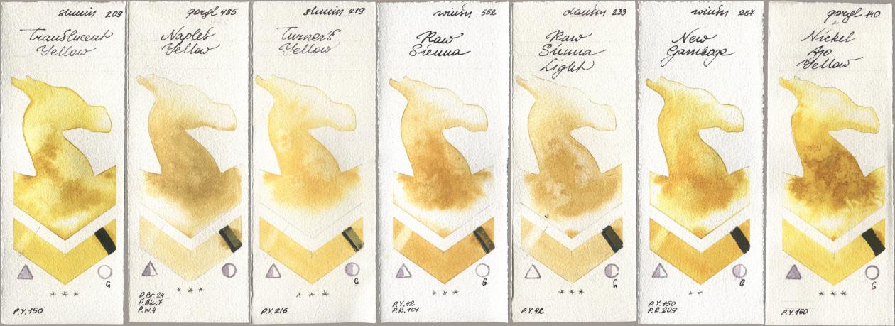 Shminke Horadam Aquarell 209 Translucent Yellow, Golden QOR 435 Naples Yellow, 219 Turner‘s Yellow, Winsor & Newton Professional 552 Raw Sienna, Daniel Smith 233 Raw Sienna Light, 267 New Gamboge, 140 Nickel Azo Yell watercolor swatch