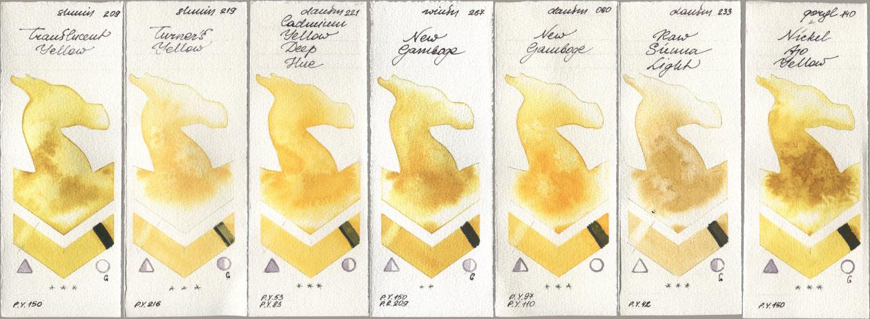 Shminke Horadam Aquarell 209 Translucent Yellow, 219 Turner‘s Yellow, Daniel Smith 221 Cadmium Yellow Deep Hue, Winsor & Newton Professional 267 New Gamboge, 060 New Gamboge, 233 Raw Sienna Light, Golden QOR 140 Nickel Azo Yell watercolor swatch