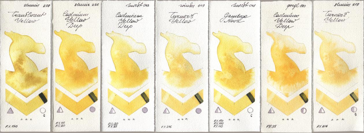 Shminke Horadam Aquarell 209 Translucent Yellow, 226 Cadmium Yellow Deep, Holbein Artists Watercolor 043 Cadmium Yellow Deep, Winsor & Newton Professional 649 Turners Yellow, 048 Gamboge Nova, Golden QOR 170 Cadmium Yellow Deep, 219 Turner‘s Yell watercolor swatch