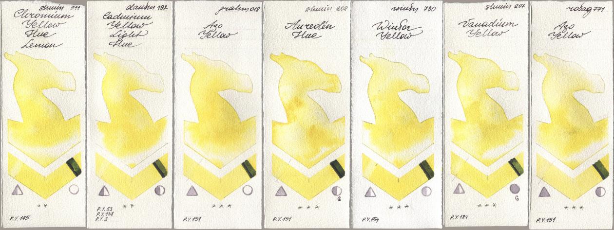 Shminke Horadam Aquarell 211 Chromium Yellow Hue Lemon, Daniel Smith 192 Cadmium Yellow Light Hue, M. Graham & Co. Artists 018 Azo Yellow, 208 Aureolin Hue, Winsor & Newton Professional 730 Winsor Yellow, 207 Vanadium Yellow, Rosa Gallery 771 Azo Yell watercolor swatch