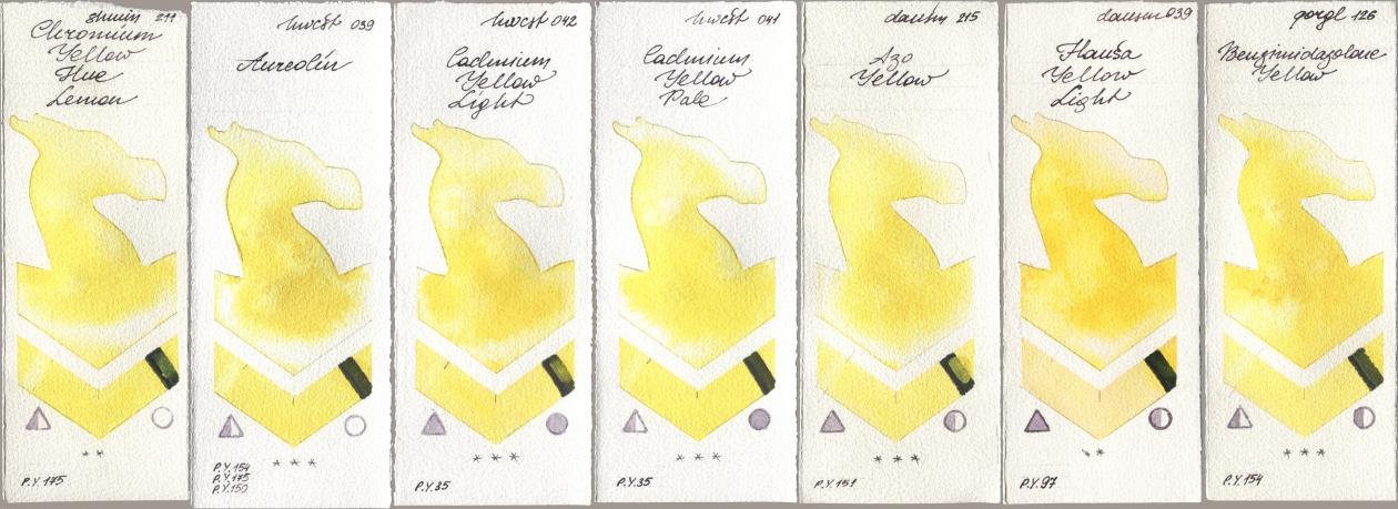 Shminke Horadam Aquarell 211 Chromium Yellow Hue Lemon, Holbein Artists Watercolor 039 Aureolin, 042 Cadmium Yellow Light, 041 Cadmium Yellow Pale, Daniel Smith 215 Azo Yellow, 039 Hansa Yellow Light, Golden QOR 126 Benzimidazolone Yell watercolor swatch