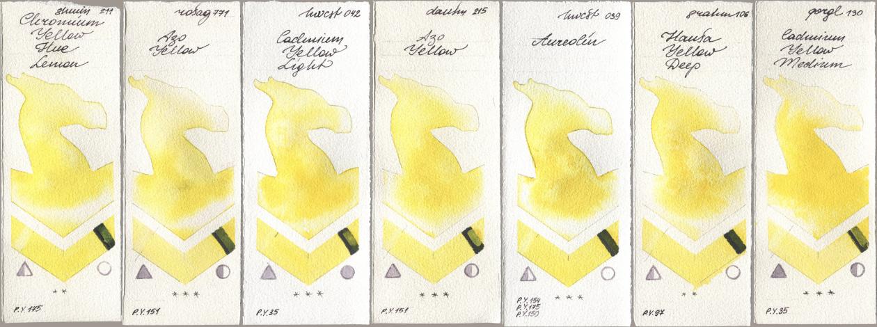 Shminke Horadam Aquarell 211 Chromium Yellow Hue Lemon, Rosa Gallery 771 Azo Yellow, Holbein Artists Watercolor 042 Cadmium Yellow Light, Daniel Smith 215 Azo Yellow, 039 Aureolin, M. Graham & Co. Artists 106 Hansa Yellow Deep, Golden QOR 130 Cadmium Yellow Medi watercolor swatch