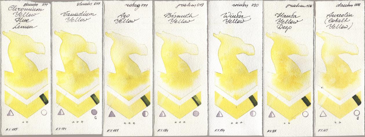 Shminke Horadam Aquarell 211 Chromium Yellow Hue Lemon, 207 Vanadium Yellow, Rosa Gallery 771 Azo Yellow, M. Graham & Co. Artists 019 Bismuth Yellow, Winsor & Newton Professional 730 Winsor Yellow, 106 Hansa Yellow Deep, Daniel Smith 006 Aureolin (Cobalt Yello watercolor swatch
