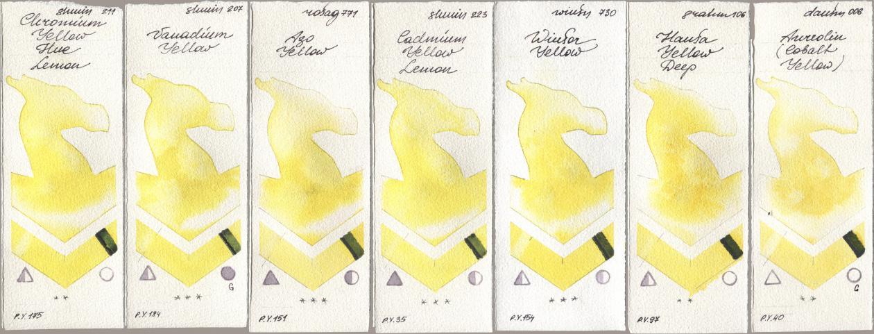 Shminke Horadam Aquarell 211 Chromium Yellow Hue Lemon, 207 Vanadium Yellow, Rosa Gallery 771 Azo Yellow, 223 Cadmium Yellow Lemon, Winsor & Newton Professional 730 Winsor Yellow, M. Graham & Co. Artists 106 Hansa Yellow Deep, Daniel Smith 006 Aureolin (Cobalt Yello watercolor swatch