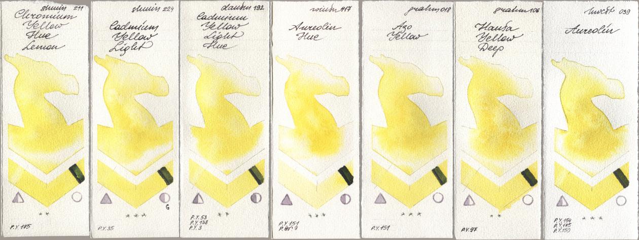 Shminke Horadam Aquarell 211 Chromium Yellow Hue Lemon, 224 Cadmium Yellow Light, Daniel Smith 192 Cadmium Yellow Light Hue, Winsor & Newton Professional 417 Aureolin Hue, M. Graham & Co. Artists 018 Azo Yellow, 106 Hansa Yellow Deep, Holbein Artists Watercolor 039 Aureol watercolor swatch