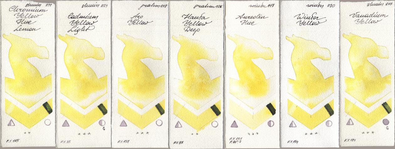 Shminke Horadam Aquarell 211 Chromium Yellow Hue Lemon, 224 Cadmium Yellow Light, M. Graham & Co. Artists 018 Azo Yellow, 106 Hansa Yellow Deep, Winsor & Newton Professional 417 Aureolin Hue, 730 Winsor Yellow, 207 Vanadium Yell watercolor swatch