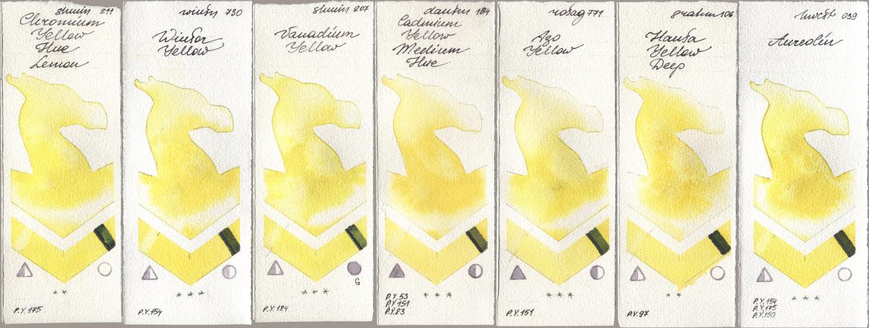 Shminke Horadam Aquarell 211 Chromium Yellow Hue Lemon, Winsor & Newton Professional 730 Winsor Yellow, 207 Vanadium Yellow, Daniel Smith 184 Cadmium Yellow Medium Hue, Rosa Gallery 771 Azo Yellow, M. Graham & Co. Artists 106 Hansa Yellow Deep, Holbein Artists Watercolor 039 Aureol watercolor swatch