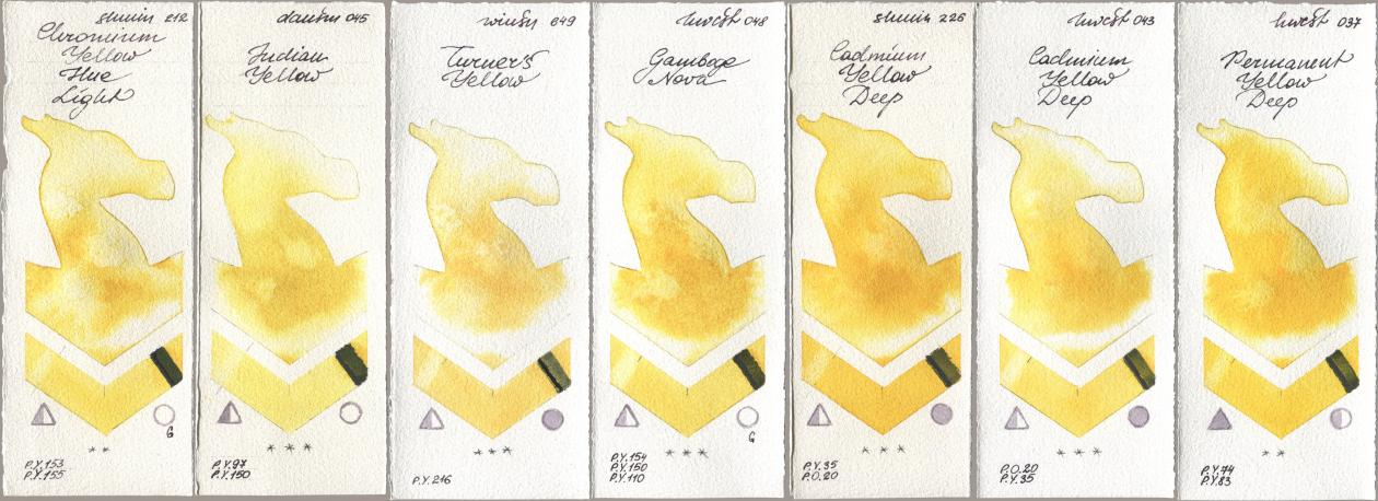 Shminke Horadam Aquarell 212 Chromium Yellow Hue Light, Daniel Smith 045 Indian Yellow, Winsor & Newton Professional 649 Turners Yellow, Holbein Artists Watercolor 048 Gamboge Nova, 226 Cadmium Yellow Deep, 043 Cadmium Yellow Deep, 037 Permanent Yellow De watercolor swatch