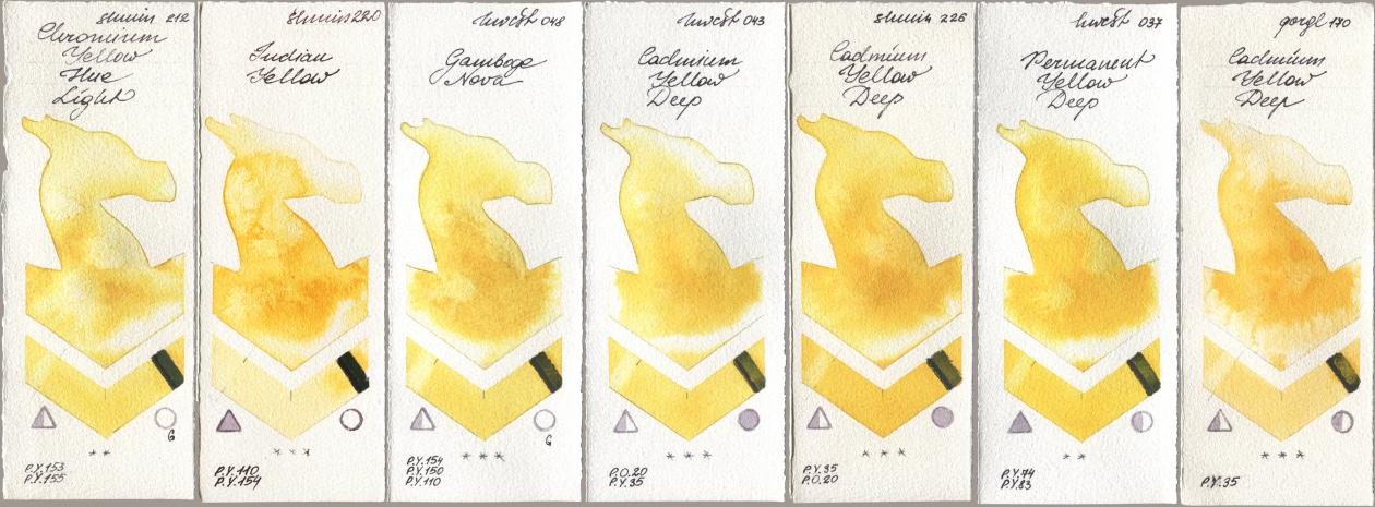 Shminke Horadam Aquarell 212 Chromium Yellow Hue Light, 220 Indian Yellow, Holbein Artists Watercolor 048 Gamboge Nova, 043 Cadmium Yellow Deep, 226 Cadmium Yellow Deep, 037 Permanent Yellow Deep, Golden QOR 170 Cadmium Yellow De watercolor swatch