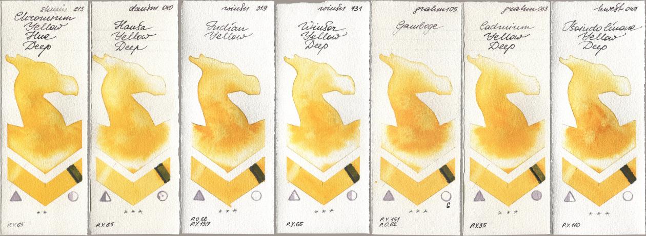 Shminke Horadam Aquarell 213 Chrome Yellow Deep LF (Chromium Yellow Hue Deep), Daniel Smith 040 Hansa Yellow Deep, Winsor & Newton Professional 319 Indian Yellow, 731 Winsor Yellow Deep, M. Graham & Co. Artists 105 Gamboge, 063 Cadmium Yellow Deep, Holbein Artists Watercolor 049 Isoindolinone Yellow De watercolor swatch
