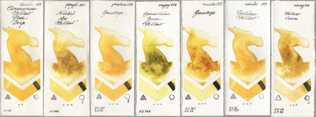 Shminke Horadam Aquarell 213 Chrome Yellow Deep LF (Chromium Yellow Hue Deep), Golden QOR 140 Nickel Azo Yellow, M. Graham & Co. Artists 105 Gamboge, Royal Talens Van Gogh Watercolour 296 Azomethine Green Yellow, Royal Talens Rembrandt Watercolour 238 Gamboge, Winsor & Newton Professional 319 Indian Yellow, Rosa Gallery 719 Yellow Och watercolor swatch