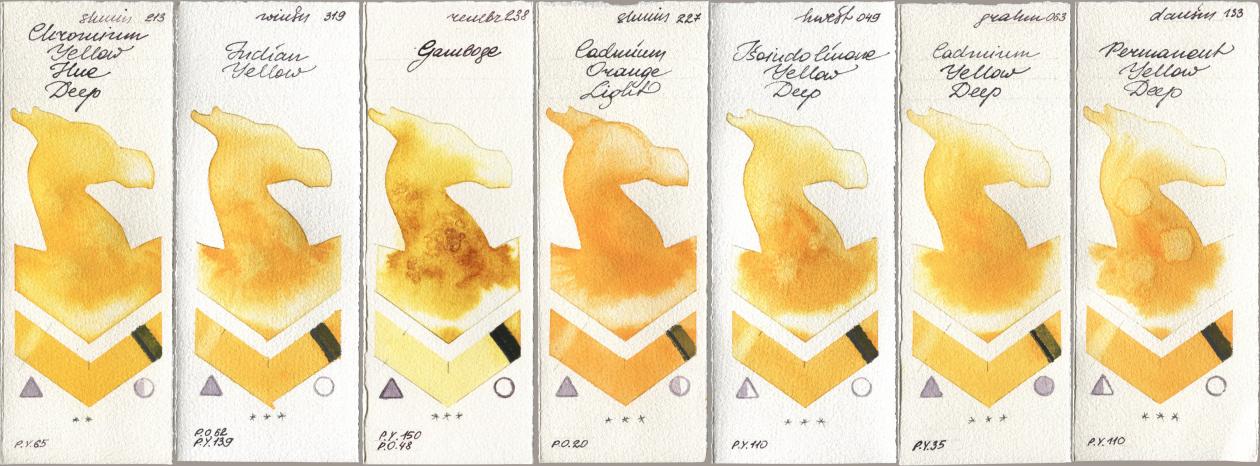 Shminke Horadam Aquarell 213 Chrome Yellow Deep LF (Chromium Yellow Hue Deep), Winsor & Newton Professional 319 Indian Yellow, Royal Talens Rembrandt Watercolour 238 Gamboge, 227 Cadmium Orange Light, Holbein Artists Watercolor 049 Isoindolinone Yellow Deep, M. Graham & Co. Artists 063 Cadmium Yellow Deep, Daniel Smith 133 Permanent Yellow De watercolor swatch