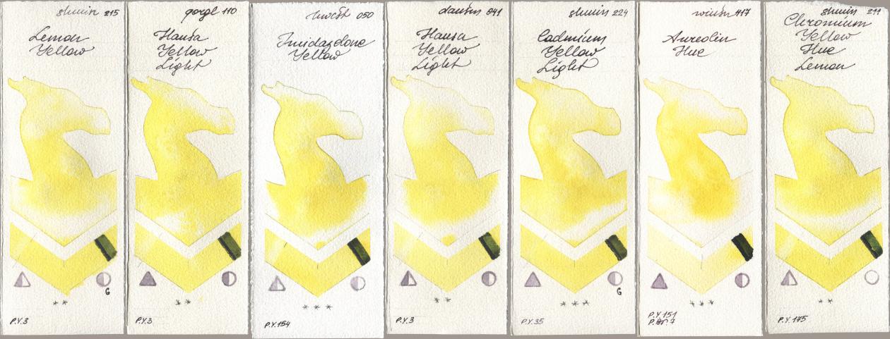 Shminke Horadam Aquarell 215 Lemon Yellow, Golden QOR 110 Hansa Yellow Light, Holbein Artists Watercolor 050 Imidazolone Yellow, Daniel Smith 041 Hansa Yellow Light, 224 Cadmium Yellow Light, Winsor & Newton Professional 417 Aureolin Hue, 211 Chromium Yellow Hue Lem watercolor swatch