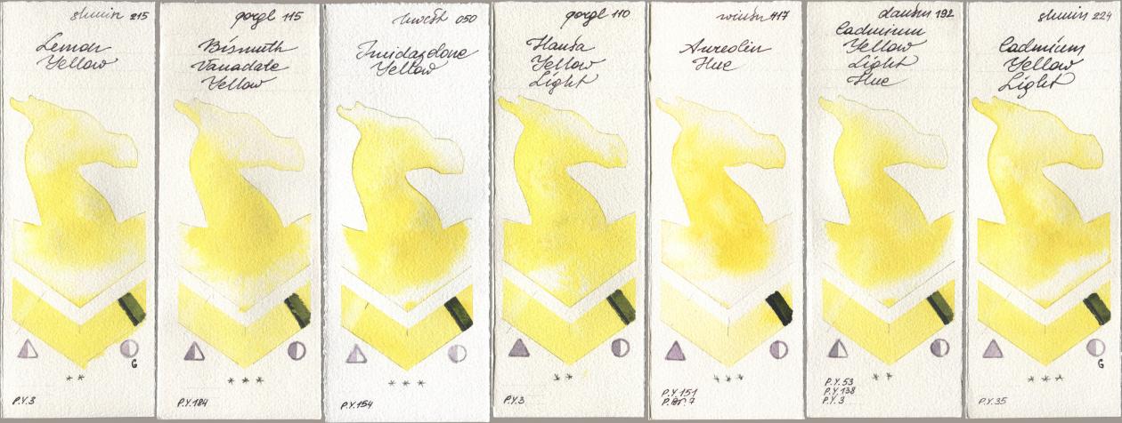 Shminke Horadam Aquarell 215 Lemon Yellow, Golden QOR 115 Bismuth Vanadate Yellow, Holbein Artists Watercolor 050 Imidazolone Yellow, 110 Hansa Yellow Light, Winsor & Newton Professional 417 Aureolin Hue, Daniel Smith 192 Cadmium Yellow Light Hue, 224 Cadmium Yellow Lig watercolor swatch