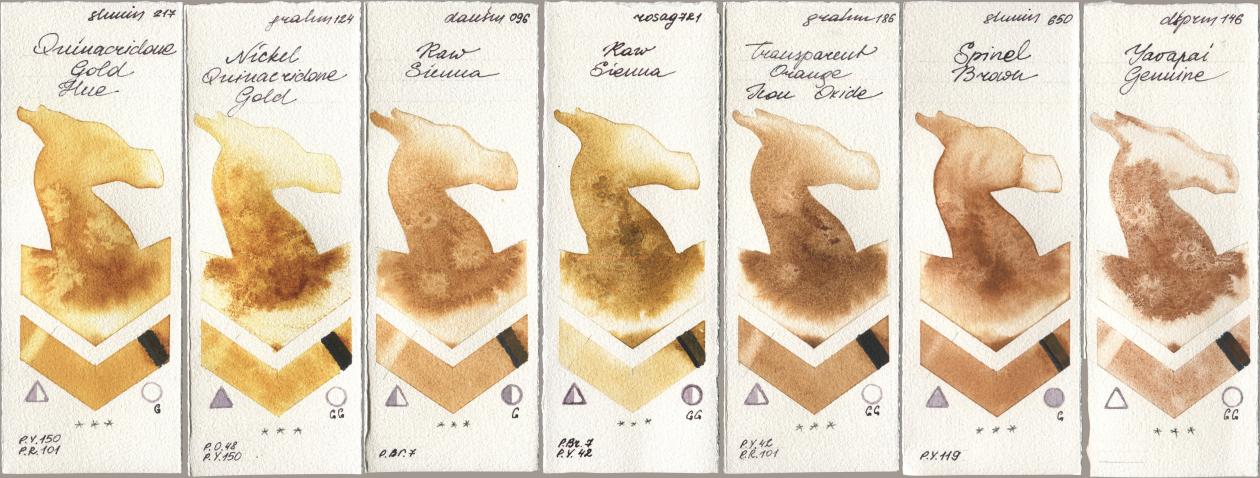 Shminke Horadam Aquarell 217 Quinacridone Gold Hue, M. Graham & Co. Artists 124 Nickel Quinacridone Gold, Daniel Smith 096 Raw Sienna, Rosa Gallery 721 Raw Sienna, 186 Transparent Orange Iron Oxide, 650 Spinel Brown, 146 Yavapai Genui watercolor swatch