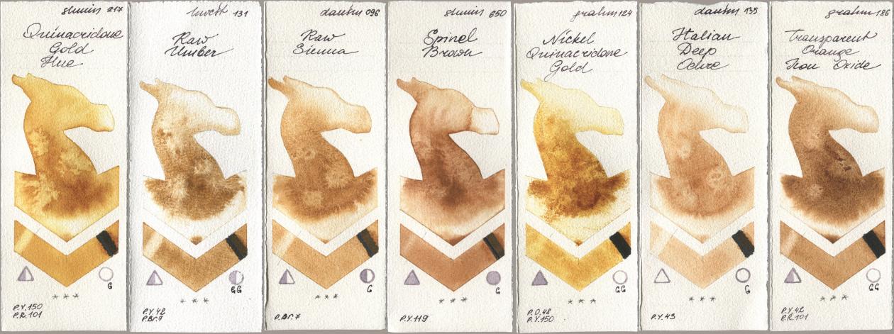 Shminke Horadam Aquarell 217 Quinacridone Gold Hue, Holbein Artists Watercolor 131 Raw Umber, Daniel Smith 096 Raw Sienna, 650 Spinel Brown, M. Graham & Co. Artists 124 Nickel Quinacridone Gold, 135 Italian Deep Ochre, 186 Transparent Orange Iron Oxi watercolor swatch