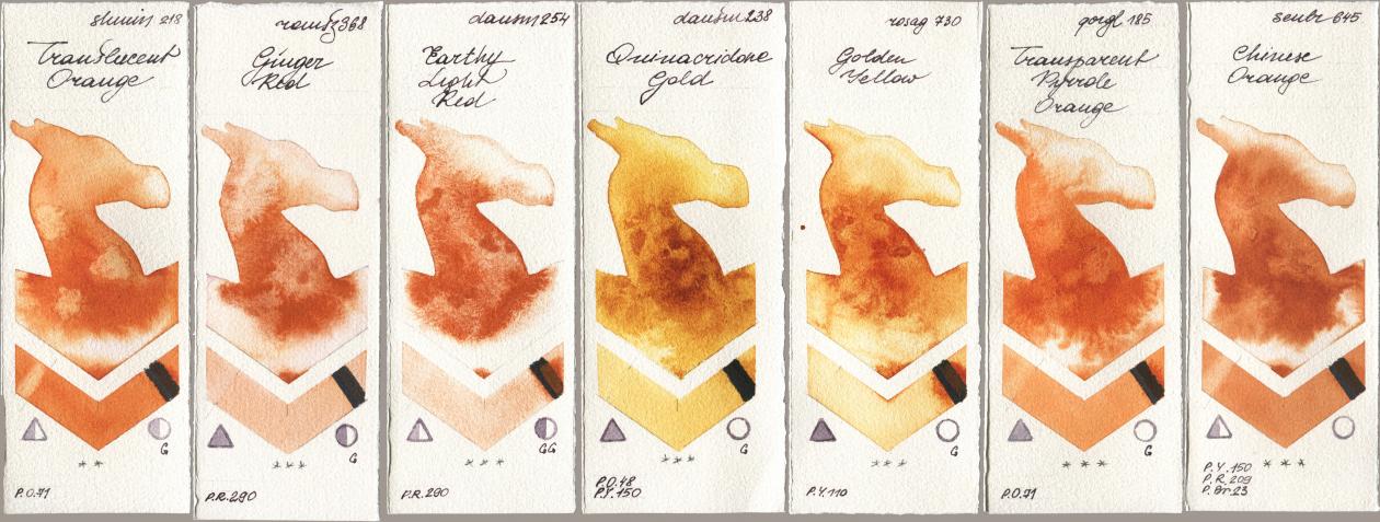 Shminke Horadam Aquarell 218 Translucent Orange / Transparent Orange, Roman Szmal Aquarius 368 Genger Red, Daniel Smith 254 Earthy Light Red, 238 Quinacridone Gold, Rosa Gallery 730 Golden Yellow, Golden QOR 185 Transparent Pyrrole Orange, Sennelier l Aquarelle 645 Chinese Oran watercolor swatch