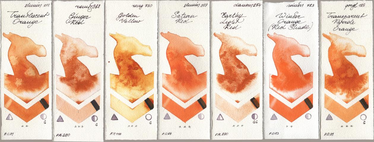 Shminke Horadam Aquarell 218 Translucent Orange / Transparent Orange, Roman Szmal Aquarius 368 Genger Red, Rosa Gallery 730 Golden Yellow, 359 Saturn Red, Daniel Smith 254 Earthy Light Red, Winsor & Newton Professional 723 Winsor Orange (Red Shade), Golden QOR 185 Transparent Pyrrole Oran watercolor swatch