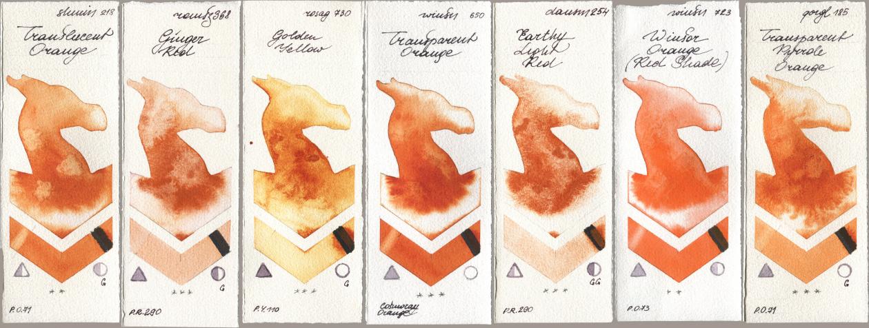 Shminke Horadam Aquarell 218 Translucent Orange / Transparent Orange, Roman Szmal Aquarius 368 Genger Red, Rosa Gallery 730 Golden Yellow, Winsor & Newton Professional 650 Transparent Orange, Daniel Smith 254 Earthy Light Red, 723 Winsor Orange (Red Shade), Golden QOR 185 Transparent Pyrrole Oran watercolor swatch