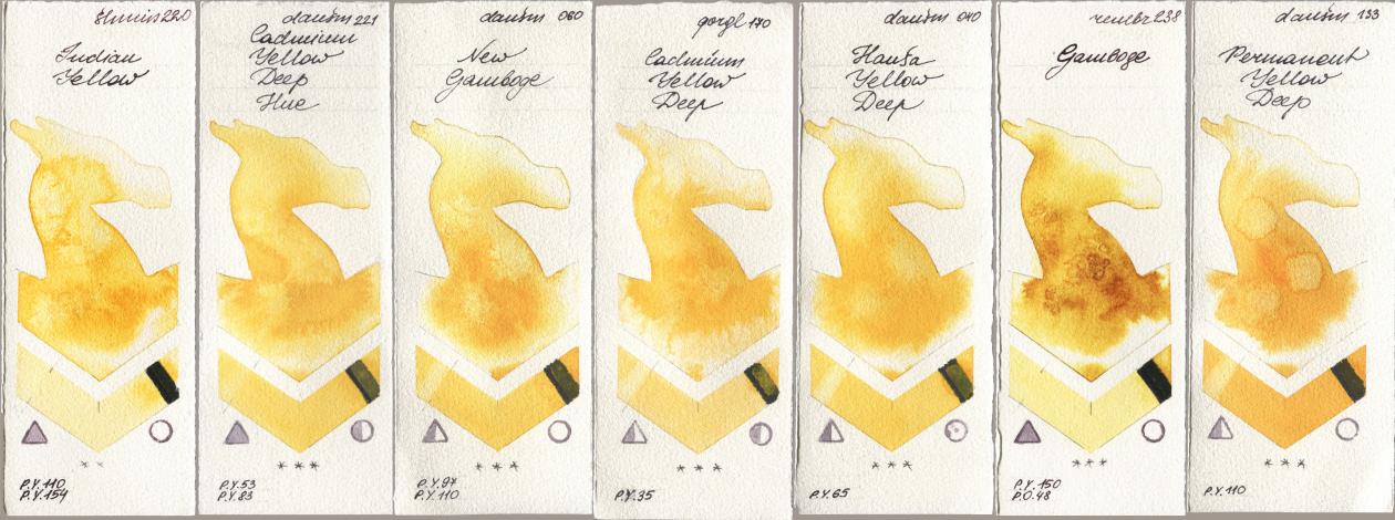 Shminke Horadam Aquarell 220 Indian Yellow, Daniel Smith 221 Cadmium Yellow Deep Hue, 060 New Gamboge, Golden QOR 170 Cadmium Yellow Deep, 040 Hansa Yellow Deep, Royal Talens Rembrandt Watercolour 238 Gamboge, 133 Permanent Yellow De watercolor swatch