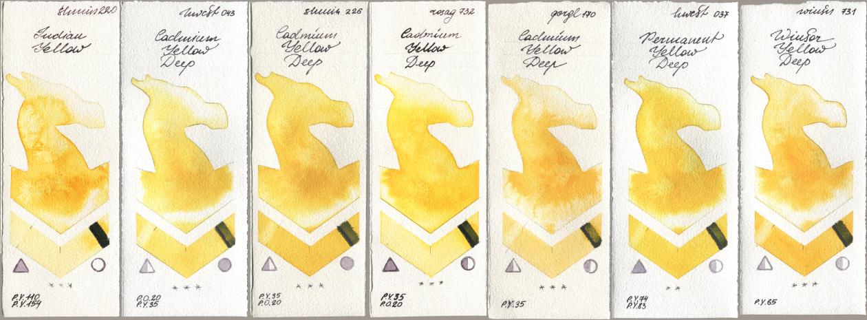 Shminke Horadam Aquarell 220 Indian Yellow, Holbein Artists Watercolor 043 Cadmium Yellow Deep, 226 Cadmium Yellow Deep, Rosa Gallery 732 Cadmium Yellow Deep, Golden QOR 170 Cadmium Yellow Deep, 037 Permanent Yellow Deep, Winsor & Newton Professional 731 Winsor Yellow De watercolor swatch