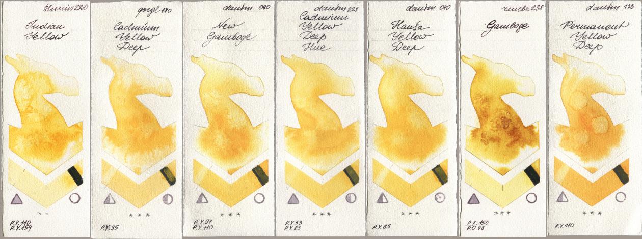 Shminke Horadam Aquarell 220 Indian Yellow, Golden QOR 170 Cadmium Yellow Deep, Daniel Smith 060 New Gamboge, 221 Cadmium Yellow Deep Hue, 040 Hansa Yellow Deep, Royal Talens Rembrandt Watercolour 238 Gamboge, 133 Permanent Yellow De watercolor swatch