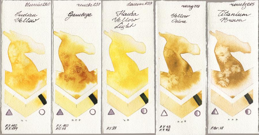 Shminke Horadam Aquarell 220 Indian Yellow vs Royal Talens Rembrandt Watercolour 238 Gamboge vs Daniel Smith 039 Hansa Yellow Light vs Rosa Gallery 719 Yellow Ochre vs Roman Szmal Aquarius 265 Titanium Brown watercolor swatch
