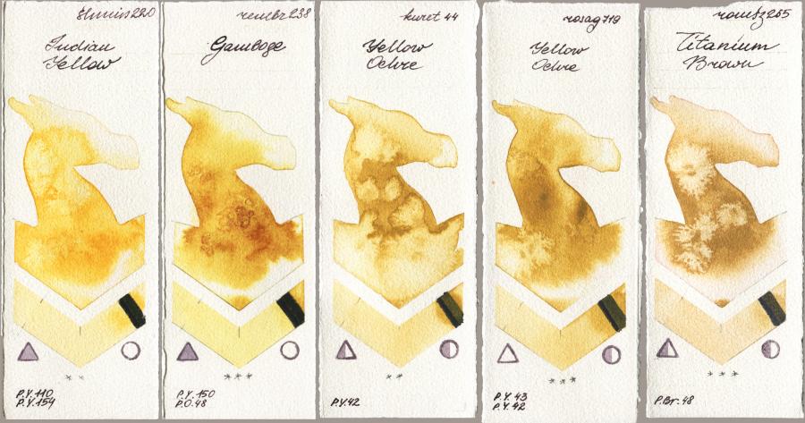 Shminke Horadam Aquarell 220 Indian Yellow vs Royal Talens Rembrandt Watercolour 238 Gamboge vs Kuretake Gansai Tambi 044 Yellow Ochre vs Rosa Gallery 719 Yellow Ochre vs Roman Szmal Aquarius 265 Titanium Brown watercolor swatch