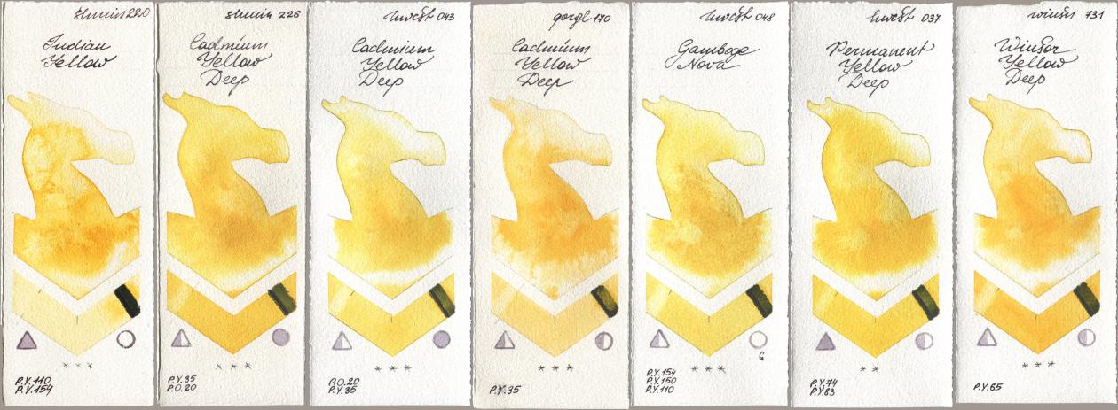 Shminke Horadam Aquarell 220 Indian Yellow, 226 Cadmium Yellow Deep, Holbein Artists Watercolor 043 Cadmium Yellow Deep, Golden QOR 170 Cadmium Yellow Deep, 048 Gamboge Nova, 037 Permanent Yellow Deep, Winsor & Newton Professional 731 Winsor Yellow De watercolor swatch