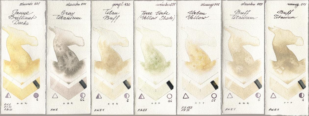 Shminke Horadam Aquarell 221 Brilliant Yellow Dark (Jaune Brilliant Dark), Daniel Smith 241 Gray Titanium, Golden QOR 430 Titan Buff, Winsor & Newton Professional 638 Terre Verte (Yellow Shade), 916 Urban Yellow, 009 Buff Titanium, Roman Szmal Aquarius 201 Buff Titani watercolor swatch