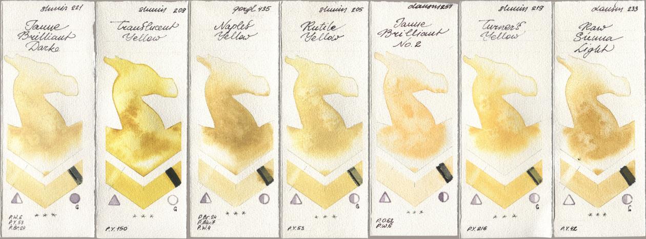 Shminke Horadam Aquarell 221 Brilliant Yellow Dark (Jaune Brilliant Dark), 209 Translucent Yellow, Golden QOR 435 Naples Yellow, 205 Rutile Yellow, Daniel Smith 257 Jaune Brilliant No 2, 219 Turner‘s Yellow, 233 Raw Sienna Lig watercolor swatch