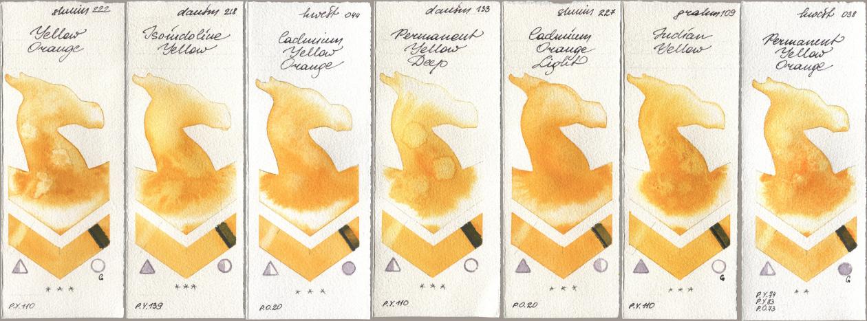 Shminke Horadam Aquarell 222 Yellow Orange, Daniel Smith 218 Isoindoline Yellow, Holbein Artists Watercolor 044 Cadmium Yellow Orange, 133 Permanent Yellow Deep, 227 Cadmium Orange Light, M. Graham & Co. Artists 109 Indian Yellow, 038 Permanent Yellow Oran watercolor swatch