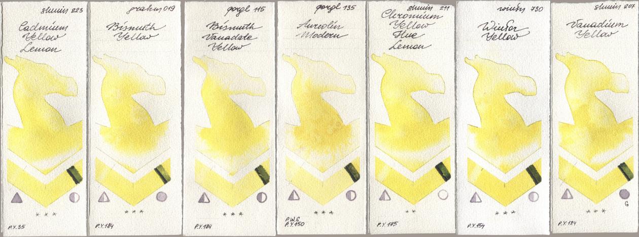 Shminke Horadam Aquarell 223 Cadmium Yellow Lemon, M. Graham & Co. Artists 019 Bismuth Yellow, Golden QOR 115 Bismuth Vanadate Yellow, 135 Aureolin Modern, 211 Chromium Yellow Hue Lemon, Winsor & Newton Professional 730 Winsor Yellow, 207 Vanadium Yell watercolor swatch