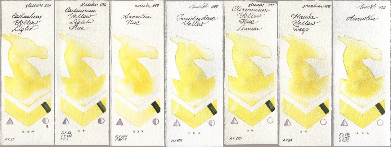 Shminke Horadam Aquarell 224 Cadmium Yellow Light, Daniel Smith 192 Cadmium Yellow Light Hue, Winsor & Newton Professional 417 Aureolin Hue, Holbein Artists Watercolor 050 Imidazolone Yellow, 211 Chromium Yellow Hue Lemon, M. Graham & Co. Artists 106 Hansa Yellow Deep, 039 Aureol watercolor swatch