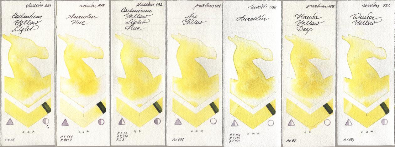 Shminke Horadam Aquarell 224 Cadmium Yellow Light, Winsor & Newton Professional 417 Aureolin Hue, Daniel Smith 192 Cadmium Yellow Light Hue, M. Graham & Co. Artists 018 Azo Yellow, Holbein Artists Watercolor 039 Aureolin, 106 Hansa Yellow Deep, 730 Winsor Yell watercolor swatch