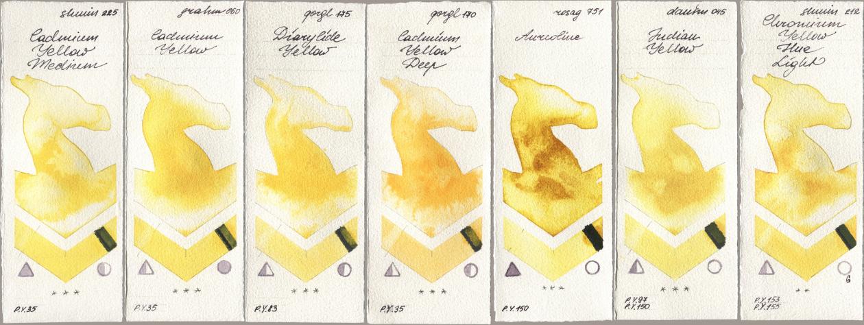 Shminke Horadam Aquarell 225 Cadmium Yellow Medium, M. Graham & Co. Artists 060 Cadmium Yellow, Golden QOR 175 Diarylide Yellow, 170 Cadmium Yellow Deep, Rosa Gallery 751 Aureoline, Daniel Smith 045 Indian Yellow, 212 Chromium Yellow Hue Lig watercolor swatch