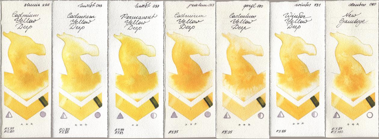 Shminke Horadam Aquarell 226 Cadmium Yellow Deep, Holbein Artists Watercolor 043 Cadmium Yellow Deep, 037 Permanent Yellow Deep, M. Graham & Co. Artists 063 Cadmium Yellow Deep, Golden QOR 170 Cadmium Yellow Deep, Winsor & Newton Professional 731 Winsor Yellow Deep, Daniel Smith 060 New Gambo watercolor swatch